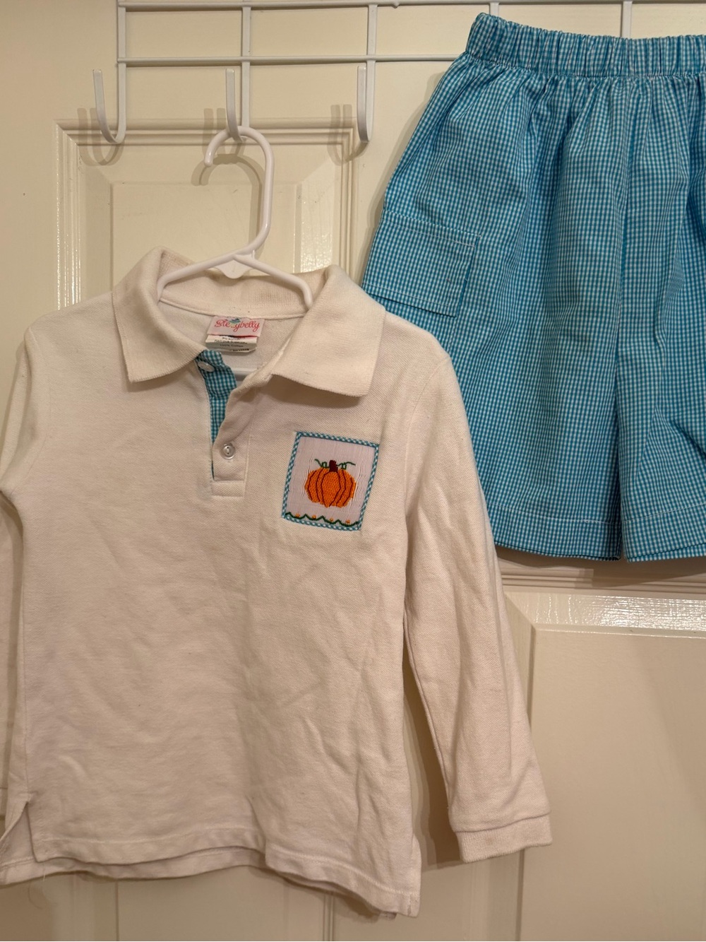 Smocked Pumpkin Set 🎃
White Long-Sleeve Polo Top & coordinating gingham shorts